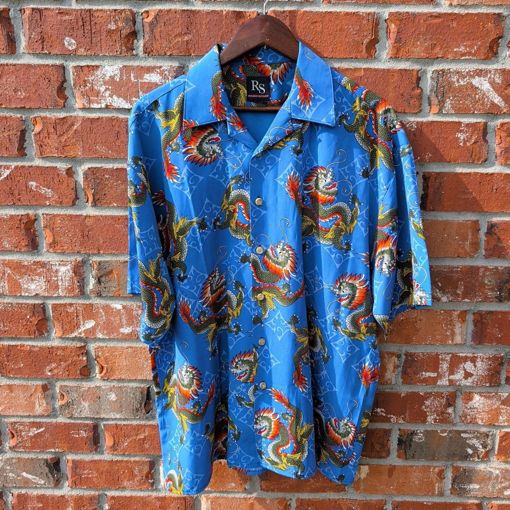 Ringo Sport Dragon Print Shirt Mens Large Blue Short Sleeve Button Up